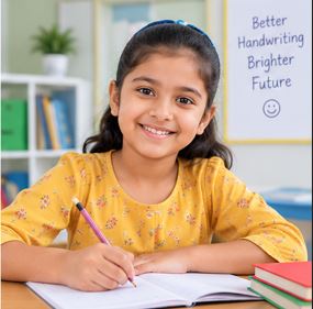 Happy child writing in a notebook